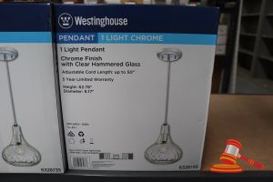 256 · WESTINGHOUSE PENDANT LIGHT, CHROME FINISH WITH CLEAR HAMMERED GLASS, ADJUSTABLE CORD LENGTH UP TO 50", HEIGHT: 62.76", DIAMTER: 9.7", CODE: 6328735