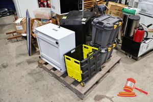 1 X Pallet Of Assorted Storage, Includes: 2 X Ezy Bunker 33l/37g Heavy Duty Storage Tub, 1 X Excalibre Lockable Storage Cabinet (Black), 1 X White Lockable Storage Cabinet, 1 X Yellow/Black Tool Organiser With Wheels, / Used Condition)