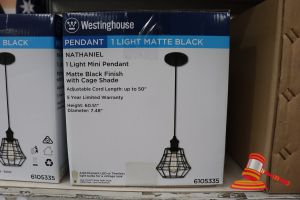 145 · WESTINGHOUSE MINI PENDANT LIGHT, MATTE BLACK FINISH WITH CAGE SHADE, ADJUSTABLE CORD LENGTH UP TO 50", HEIGHT: 60.51", DIAMTER: 7.48", CODE: 6105335