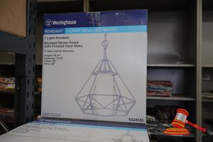 WESTINGHOUSE LIGHT PENDANT, BRUSHED NICKEL FINISH WITH FROSTED OPAL GLASS, HEIGHT: 19.37", DIAMETER: 15.91", CHAIN: 36", WIRE: 36", CODE: 632435