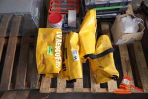 4 X LV RESCUE KIT, YELLOW VINYL BAG WITH BLACK STRAPS, KIT POSS INCOMPLETE (SOME MARKS)