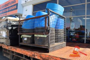 FORKABLE STILLAGE WITH REMOVABLE FRONTS WITH 4x HALF PLASTIC DRUMS AND 4x HALF STEEL DRUMS, APPROX 1200 x 1230 x 1070mm