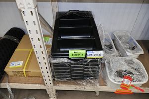 3 X White Plastic Tubs Containing Stainless Steel Knives And Forks (Approx 100+ Per Tub) And 8 X Black Plastic 3 Compartment Tray (Some Damaged)