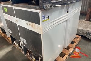 3 X WHIRLPOOL MODEL:WRO12SW, 120L GROSS VOLUME, APPROX; 480MM D X 500MM W X 760MM H, 1 X HISSENSE FRIDGE, MODEL; HRBF121, 119L TOTAL VOLUME, APPROX; 510MM D X 510MM W X 780MM H, SOME MARKS, UNTESTED, ON A PALLET