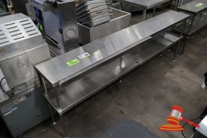 STAINLESS STEEL BENCH, SOME MARKS, APPROX; 2.1M W X 300MM D X 750MM H
