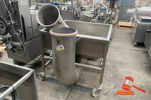 25 · STAINLESS STEEL MOBILE HOPPER (APPROX; 1M D X 1.3M W X 1.4M H) WITH DUCTING SECTIONS.