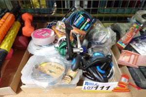 ASSORTED FISHING EQUIPMENT, INCLUDING REELS ,HOOKS, LINE , LURES ETC