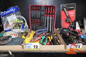 Tray Of Assorted Hand Tools, Including File Set In Packet, Screwdrivers, Pliers, Wire Strippers, Utility Knives, Wrenches, Etc