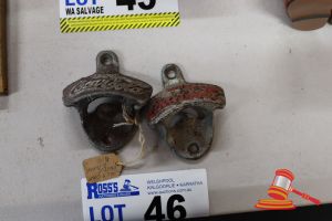 2 X Cast Iron Wall Mounted Bottle Opener, Coca Cola Brand & Generic Style (Some Marks / Rust)