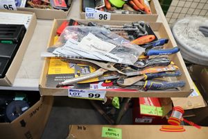 99 · TRAY OF ASSORTED TOOLS INCLUDING BELT PUNCH, ADJUSTABLE SPANNERS, TYRE REPAIR KIT, SCREW DRIVER