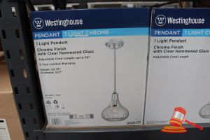 309 · WESTINGHOUSE LIGHT PENDANT, CHROME FINISH WITH CLEAR HAMMERED GLASS, ADJUSTABLE CORD LENGTH UP TO 50", HEIGHT: 62.76", DIAMETER: 9.17", CODE: 6328735