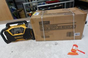 1 X Dewalt Jobsite Radio/Charger, Yellow And Black, Untested (Some Marks), 1 X Giantz Petrol Chainsaw Model Csaw - Sxto - 20 - Rdwh - 2c Inbox. Untested.