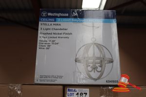 187 · WESTINGHOUSE STELLA MIRA CEILING 3 LIGHT CHANDELIER, BRUSHED NICKLE FINISH, HEIGHT: 17,28", DIAMETER: 15.04", CHAIN: 36", WIRE: 36", CODE: 6341935