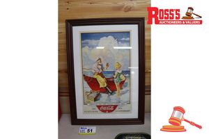 51 · 1 X COCA-COLA FRAMED PRINT, FIFTIETH ANNIVERSARY 1886-1936, N GUATH ARTWORK, BEACH SCENE