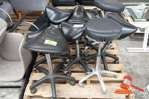8 X Ergonomic Saddle Stools, Height Adjustable, With Rolling Bases, Some Marks/ Torn Seats, Various Sizes, On A Pallet