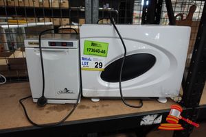 29 · 1 X GLAMMAR TOWEL WARMER, 200 W, APPROX; 200MM W X 290MM H X 240MM D, 1 X 250W 18L TOWEL WARMER, APPROX; 430MM W X 340MM H X 240MM D, SOME MARKS, UNTESTED, BOTH DOORS DAMAGED