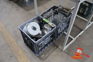 64 · 2 X PLASTIC CRATE, INCLUDES: GLASS COFFEE JUGS, WHITE PLASTIC KETTLE, GLASS DRINK DISPENSERS, GLASS JAR (USED)