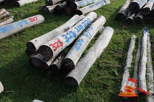 328 · BUNDLE OF 11 X JARRAH STRAINER POST LOGS, 3 @ 2.0M LONG, 200mm DIAMETER, 8 @ 1.8M LONG, 250mm DIAMETER