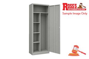 349 · ONE-DOOR STORAGE ROBE FLATPACK WITH 4x ADJUSTABLE SHELVES, 1x HANGING RAIL, COMBINATION LOCK, COLOUR: LIGHT GREY, DIMENSIONS: 1850 x 500 x 500mm