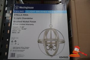 Westinghouse 3 Light Chandelier, Brushed Nickel Finish, Height: 17.28", Diameter: 15.04", Chain: 36", Wire: 36", Code: 6341935