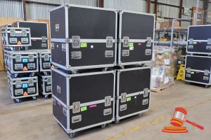 4 X GIG GEAR AUSTRALIA MOBILE ROAD CASE (BLACK) WITH CUSTOM INTERNAL PARTITIONING. USED FOR STORAGE OF HALO SCREENS. LAMINATED PLYWOOD CONSTRUCTION. CASE DIMENSIONS 780 X 875 X H930MM