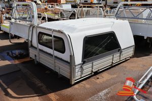 38 · UTE TRAY WITH ENCLOSED LOCKABLE FLEXIGLASS CANOPY FOLD DOWN GATES (DENTED) APPROX L2400mm x W1900mm x H1100mm
