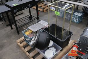76 · ASSORTED GOODS INCLUDES; PLATES OF VARIOUS SIZES AND COLOURS, CLEAR PLASTIC DISPLAY CASE, APPROX; 410MM D X 1.2M W X 270MM H, ELECTRIC SOUP KETTLE, TUBS AND VARIOUS OTHERS, UNTESTED, SOME MARKS, ON A PALLET