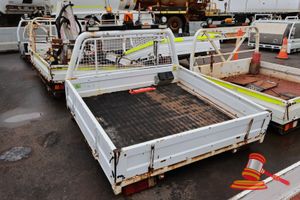 Metal Ute Tray With Rubber Bottom Lining, Approx; 1.85m L X 1.9m W X 1.4m H, Some Marks/Rust, Damaged Mudflaps, Includes; Work Lights
