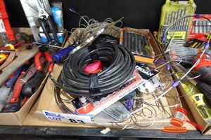 83 · 1 X IRWIN RIGHT ANGLE DRILL ATTACHMENT, BLUE, UNTESTED 1 X PRECISION SCREWDRIVER SET WITH RATCHET HANDLE, BLACK CASE APPROX 20 X STEEL WIRE LOOPS, VARIOUS SIZES, 1 X STEEL WIRE PACKAGE, 1 X SOLDER SPOOL, 1 X SOCKET SET IN PACKAGING, 1 X DRILL BIT SET IN