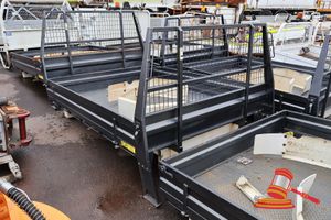 8 · ICR ENGINEERING BLACK UTE TRAY WITH FOLD OUT SIDES AND CAGE BACK, SOME RUST/MARKS, APPROX; 1.8M W X 2.4M L