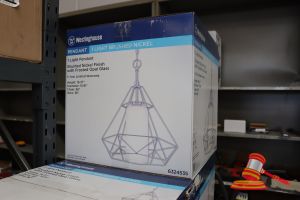 315 · WESTINGHOUSE LIGHT PENDANT, BRUSHED NICKEL FINISH WITH FROSTED OPAL GLASS, HEIGHT: 19.37", DIAMETER: 15.91", CHAIN: 36", WIRE: 36", CODE: 6324535
