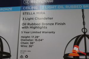 299 · WESTINGHOUSE 3 LIGHT CHANDELIER, OIL RUBBED BRONZE FINISH WITH HIGHLIGHTS, HEIGHT: 17.28", DIAMETER: 15.04", CHAIN: 36", WIRE: 36", CODE: 6341835