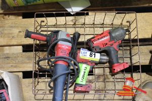 81 · MILWAUKEE 240V ANGLE GRINDER WITH HANDLE, 125mm MODEL# AGV13-125XSPDEB, MILWAUKEE 3/8 INCH IMPACT WRENCH HEAVY DUTY M18, MILWAUKEE DRILL CORDLESS MODEL #M18FPD2