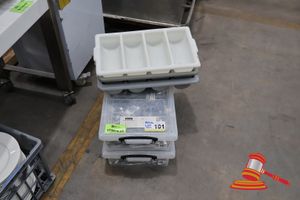 1 X CLEAR STORAGE CONTAINER FULL OF STAINLESS STEEL CUTLERY, INCLUDES: FORKS, SPOONS, KNIVES, APPROX 200+ PIECES 3 X PLASTIC CUTLERY TRAY, 4 COMPARTMENT
