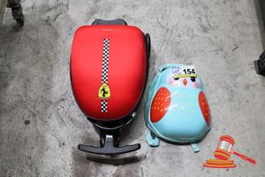 1 X FERRARI STYLE KIDS PULLALONG SUITCASE, RED WITH CHECKERED STRIPE AND 1 X OWL KIDS BACKPACK,