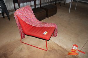 191 · RED FABRIC PADDED BEDROOM CHAIR WITH THROW RUG