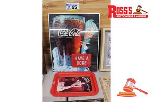 55 · 1 X COCA-COLA REPRODUCTION SERVING TRAY, FEATURES VICTORIAN WOMAN, TEXT: "DRINK CARBONATED COCA COLA IN BOTTLES 5 CENTS", 1 X COCA-COLA POSTER, FEATURES SPRITE BOY CHARACTER WITH GLASS OF COKE, TEXT: "HAVE A COKE"