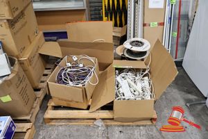 75 · APPROX 4 X BOXES OF ELECTRICAL CABLES, POWER BOARDS AND EXTENSION LEADS, (UNTESTED)