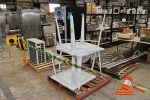 3X WHITE METAL CAFE STYLE TABLES, SOME MARKS AND SOME RUST ON LEGS, APPROXIMATE MEASUREMENTS OF THE TABLES: 755 MM HIGH X 80 MM WIDE X 80 MM LONG. ON PALLET.