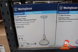 312 · WESTINGHOUSE LIGHT PENDANT, CHROME FINISH WITH CLEAR HAMMERED GLASS, ADJUSTABLE CORD LENGTH UP TO 50", HEIGHT: 62.76", DIAMETER: 9.17", CODE: 6328735