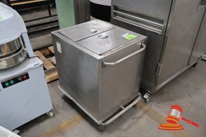 1 X STAINLESS STEEL MOBILE TROLLY, DUAL COMPARTMENT WITH HINGED LIDS (SOME MARKS)
