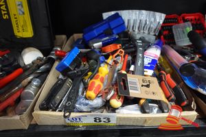 83 · TRAY OF ASSORTED TOOLS, INCLUDES: SPANNER BIT SET WITH CASE, DRILL BITS IN PLASTIC SLEEVES, KINCROME ADJUSTABLE WRENCH, ASSORTED SCREWDRIVERS, VARIOUS PLIERS, ASSORTED SPANNERS, ORANGE PIPE CUTTER, MC ROB SAWS LUBRICANT, VARIOUS HAND TOOLS (USED)