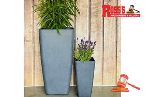 97 · Auction Husky White Planter lot - Sizes: 45 x 63 cm, 38 x 53 cm, RRP $250 Create a stylish designer display from the 2197 Bradie Pot range, featuring a tall round tapered planter with a smooth ornamental finish, this range brings a clean, contemporary look to homes, patios, courtyards, entryways and landscaped spaces. Constructed from stone-resin composite: 50% stone, 45% high-density resin and 5% fibreglass, it combines practical lightweight handling with a premium look. It is designed for indo