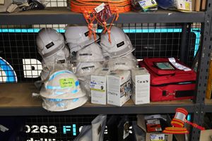 9 · APPROX 18 X HARD HATS, 3 X 3M PELTOR HARD HAT ATTACHED EARMUFF, MODEL: H9P3G 290, 1 X RED FIRST AID KIT WITH CONTENTS(EXPIRED CONTENTS)