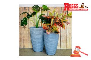 90 · Pair of Mediterranean Blue Planters - Size: 38 x 53 cm each, RRP $220 Create a stylish designer display from the 2197 Bradie Pot range, featuring a tall round tapered planter with a smooth ornamental finish, this range brings a clean, contemporary look to homes, patios, courtyards, entryways and landscaped spaces. Constructed from stone-resin composite: 50% stone, 45% high-density resin and 5% fibreglass, it combines practical lightweight handling with a premium look. It is designed for indoor a