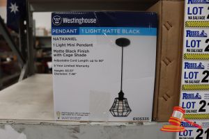 228 · WESTINGHOUSE MINI PENDANT LIGHT, MATTE BLACK FINISH WITH CAGE SHADE, ADJUSTABLE CORD UP TO 50:, HEIGHT: 60.51", DIAMETER: 7.48", CODE: 6105335