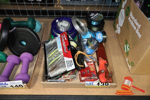 139 · TRAY OF ASSORTED FISHING TACKLE INCLUDING LINE, LURES, HOOKS, SINKERS AND REEL.