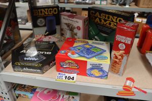 BUNDLE OF TOYS INCLUDING: 1x BINGO GAME, 1x ABALONE, 1x MAZE GAME, 1x JUMBLING TOWER, 1x CASINO GAMES AND 1x POTTERY KIT, ALL UNOPENED