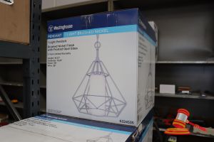 314 · WESTINGHOUSE LIGHT PENDANT, BRUSHED NICKEL FINISH WITH FROSTED OPAL GLASS, HEIGHT: 19.37", DIAMETER: 15.91", CHAIN: 36", WIRE: 36", CODE: 6324535