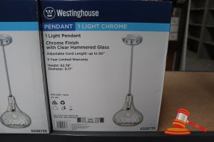 259 · WESTINGHOUSE PENDANT LIGHT, CHROME FINISH WITH CLEAR HAMMERED GLASS, ADJUSTABLE CORD LENGTH UP TO 50", HEIGHT: 62.76", DIAMTER: 9.7", CODE: 6328735